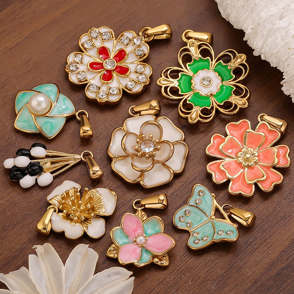 Jewelry Making Supplies Wholesale - จี้รูปดอกไม้ขนาดใหญ่เคลือบสีสเตนเลสสตีล 2 ชิ้น สำหรับทำเครื่องประดับ ขายส่งจำนวนมาก วัสดุ