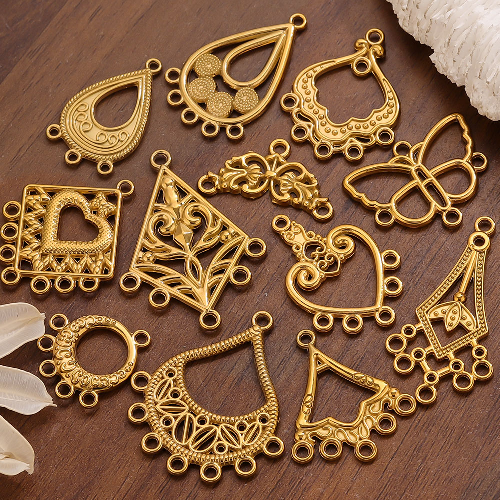 Jewelry Making Supplies Wholesale - ตัวเชื่อมต่อต่างหูสแตนเลส 5 ชิ้น จี้รูปทรงโบโฮสีทองแบบกลวง สำหรับผู้หญิง DIY