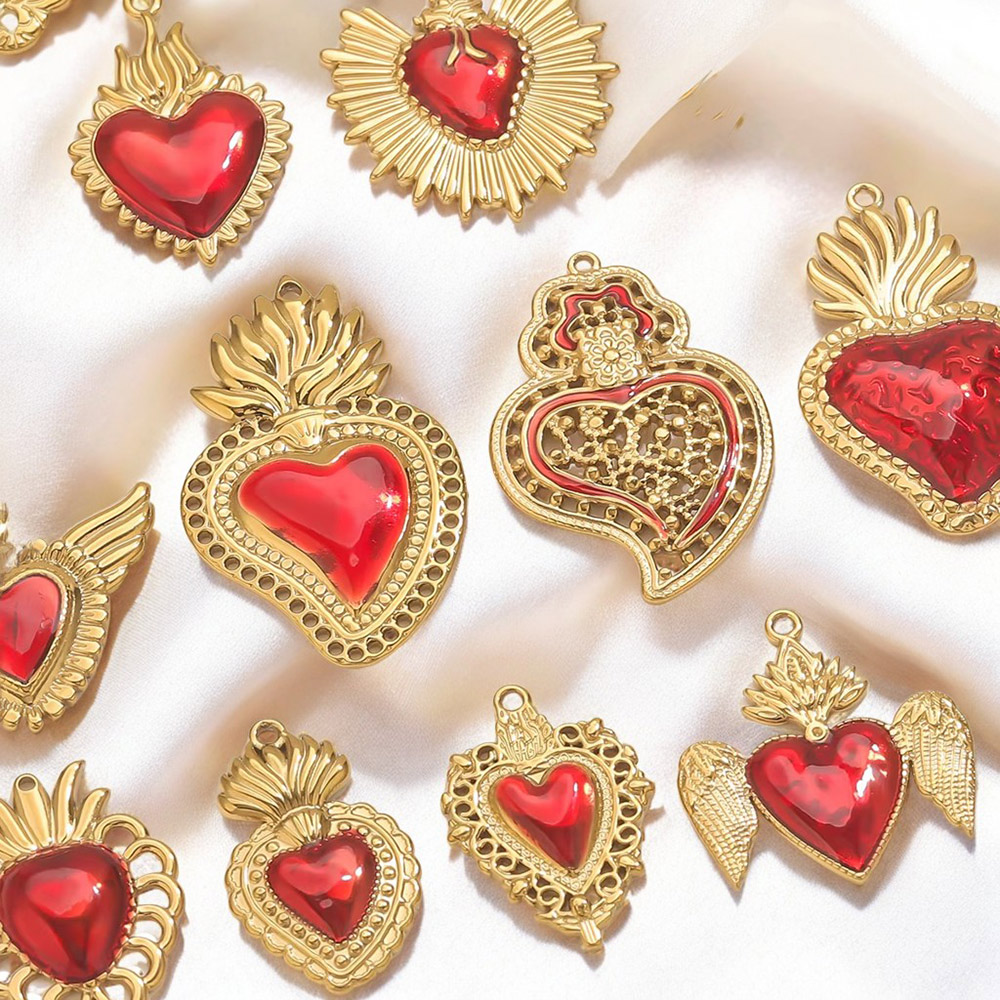 Jewelry Making Supplies Wholesale - 3 ชิ้นสแตนเลสสตีลสีแดงเคลือบรูปหัวใจชาร์มชุบทอง DIY สร้อยคอสร้อยข้อมือต่างหูเครื่องประดับทำขายส่ง